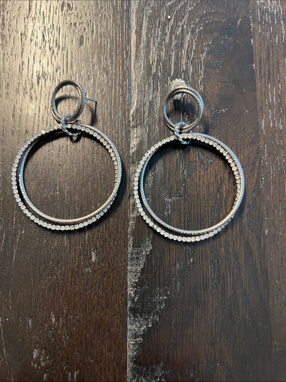 Silver Crystal Double-Hoop Drop Earrings